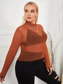 SHEIN Privé 大碼小高領木耳滾邊網紗不附胸罩上衣 - 鏽棕色 - 查看 4