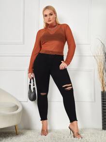 SHEIN Privé 大碼小高領木耳滾邊網紗不附胸罩上衣 - 鏽棕色 - 查看 5