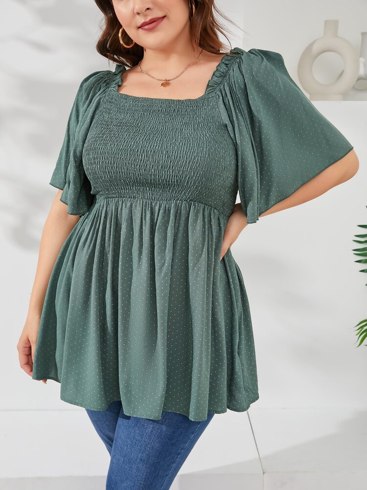 Mulvari Blusa peplum con estampado de lunares con fruncido - Verde Oscuro - Añade 6