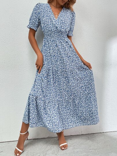 小花柄 パフスリーブ シャーリングウエスト フリル裾 ドレス