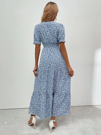 小花柄 パフスリーブ シャーリングウエスト フリル裾 ドレス