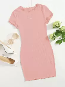 SHEIN EZwear Vestido ajustado tejido de canalé ribete en forma de lechuga - Rosa coral - Ver 1