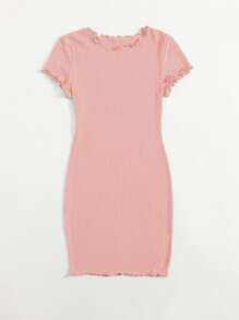 SHEIN EZwear Vestido ajustado tejido de canalé ribete en forma de lechuga - Rosa coral - Ver 4