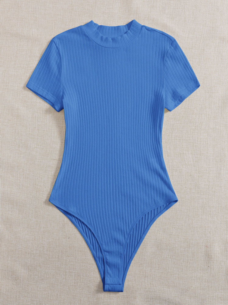 SHEIN EZwear Mock-neck Rib-knit Bodysuit - Blue - View 3