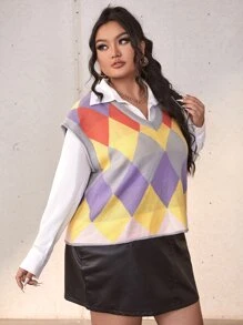 SHEIN Privé Plus Colourful Geo Pattern Vest Knit Top - Multicolor - View 3