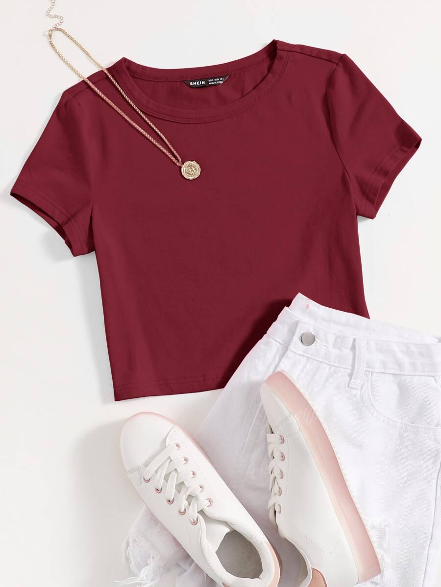 SHEIN EZwear 丸首無地Tシャツ - バーガンディ - チェックする 1
