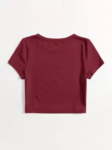 SHEIN EZwear 丸首無地Tシャツ - バーガンディ - チェックする 2