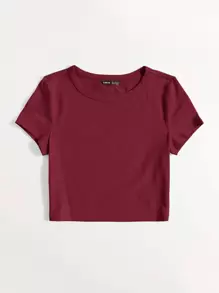 SHEIN EZwear 丸首無地Tシャツ - バーガンディ - チェックする 3