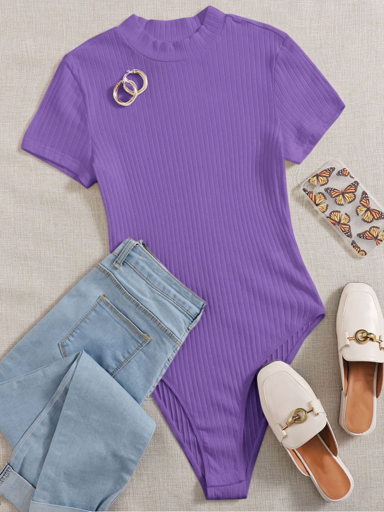 SHEIN EZwear Mock-neck Rib-knit Bodysuit - Violet Purple - View 1