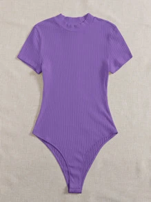 SHEIN EZwear Mock-neck Rib-knit Bodysuit - Violet Purple - View 3