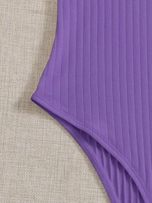 SHEIN EZwear Mock-neck Rib-knit Bodysuit - Violet Purple - View 5