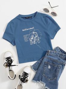 SHEIN EZwear 標語和人像圖案T恤 - 霧霾藍 - 查看 1