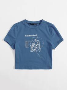 SHEIN EZwear 標語和人像圖案T恤 - 霧霾藍 - 查看 3