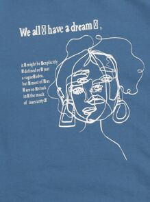 SHEIN EZwear 標語和人像圖案T恤 - 霧霾藍 - 查看 4