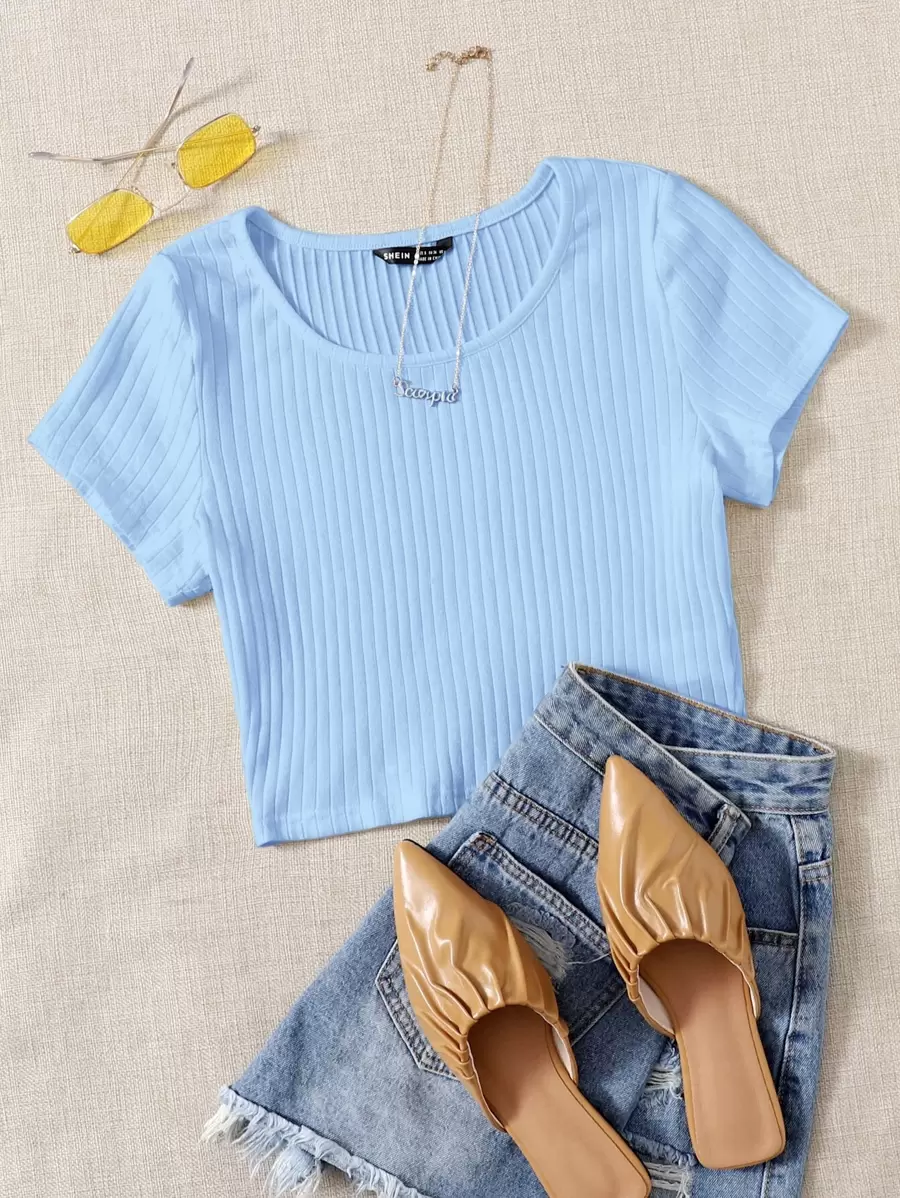 SHEIN EZwear Áo thun nữ Gân đan màu trơn Giải trí - Màu xanh nhạt - Xem 1