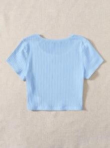 SHEIN EZwear Áo thun nữ Gân đan màu trơn Giải trí - Màu xanh nhạt - Xem 2