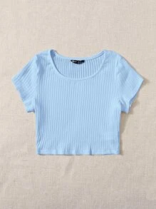 SHEIN EZwear Áo thun nữ Gân đan màu trơn Giải trí - Màu xanh nhạt - Xem 3