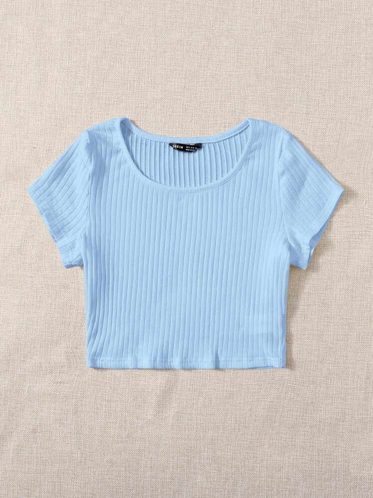 SHEIN EZwear Áo thun nữ Gân đan màu trơn Giải trí - Màu xanh nhạt - Xem 3