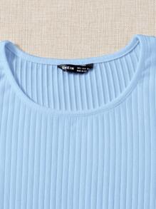 SHEIN EZwear Áo thun nữ Gân đan màu trơn Giải trí - Màu xanh nhạt - Xem 5