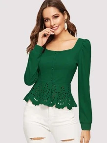 SHEIN Clasi Áo sơ mi nữ Nút Cắt ra Viên lá sen Sò điệp Nút phía trước màu trơn Thanh lịch - màu xanh lá - Xem 1