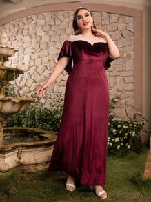 Modelyn 大碼網紗拼接斗篷袖絲絨伴娘連衣裙 - 酒紅色 - 查看 1