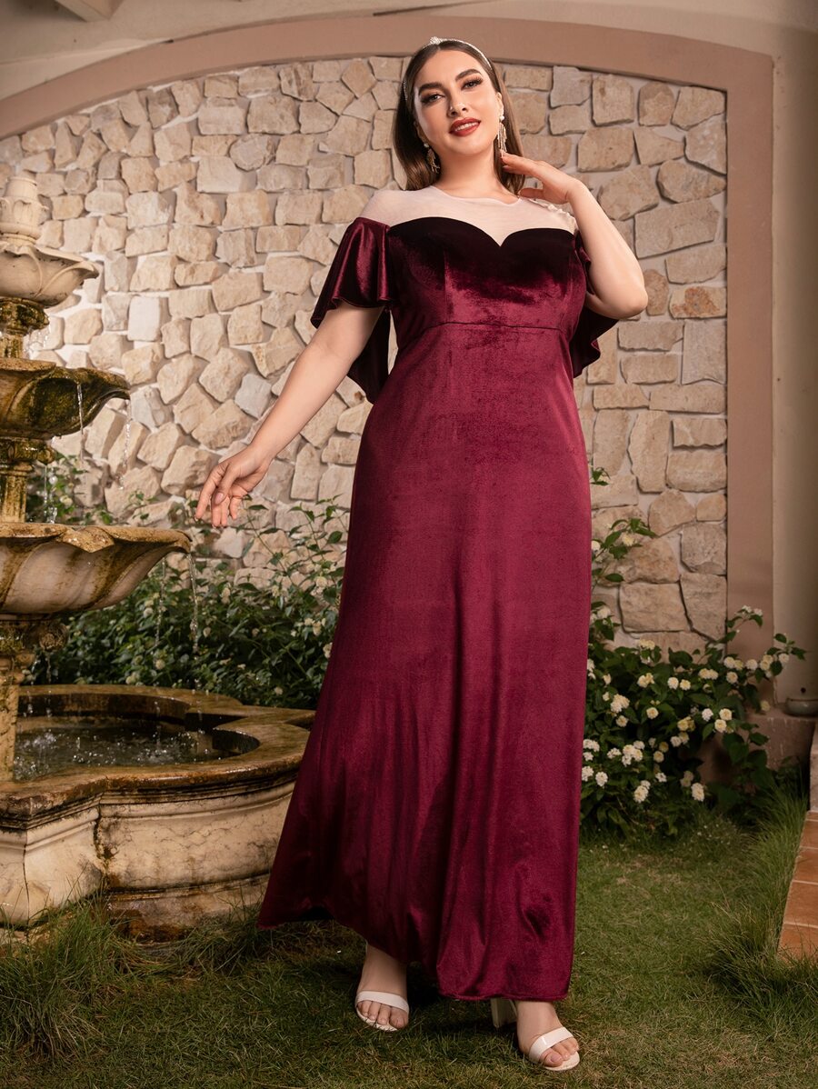 Modelyn 大碼網紗拼接斗篷袖絲絨伴娘連衣裙 - 酒紅色 - 查看 1