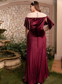 Modelyn 大碼網紗拼接斗篷袖絲絨伴娘連衣裙 - 酒紅色 - 查看 2