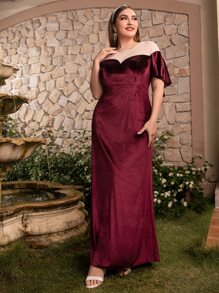 Modelyn 大碼網紗拼接斗篷袖絲絨伴娘連衣裙 - 酒紅色 - 查看 4