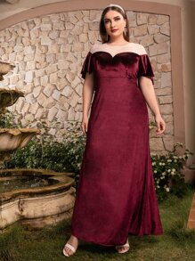 Modelyn 大碼網紗拼接斗篷袖絲絨伴娘連衣裙 - 酒紅色 - 查看 5