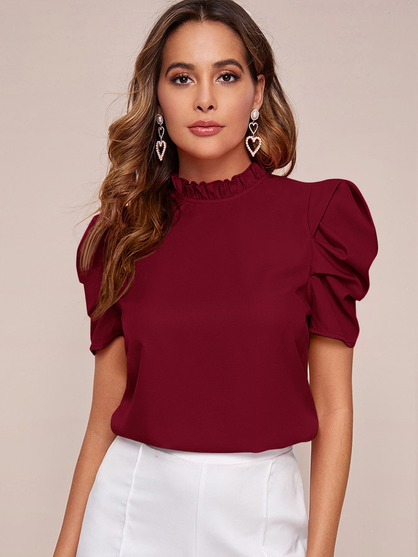 SHEIN Clasi Frill Neck Puff Sleeve Top - Burgundy - View 1