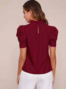 SHEIN Clasi Frill Neck Puff Sleeve Top - Burgundy - View 2