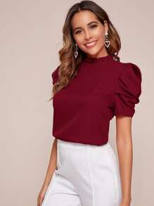 SHEIN Clasi Frill Neck Puff Sleeve Top - Burgundy - View 4