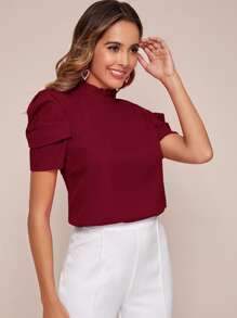 SHEIN Clasi Frill Neck Puff Sleeve Top - Burgundy - View 5