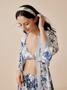 LUVLETTE 女士缎面花卉吊带文胸 - 藍白色 - 查看 4