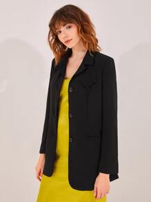 SHEIN Solid Button Front Lapel Neck Blazer - Black - View 4