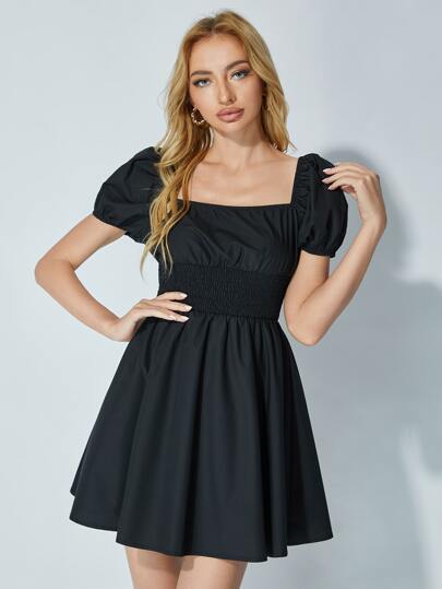 SHEIN パフスリーブ シール パネル ドレス