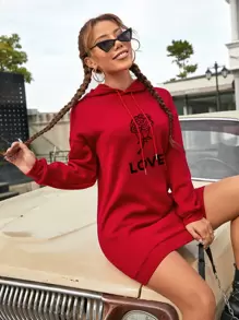 INAWLY 字母和花卉印花落肩袖抽繩連帽衫 - 紅色 - 查看 1