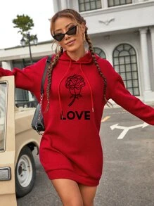 INAWLY 字母和花卉印花落肩袖抽繩連帽衫 - 紅色 - 查看 3