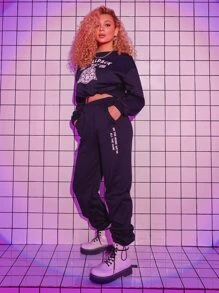 Motspraydesignstudio Slogan Graphic Slant Pocket Sweatpants - Black - View 1