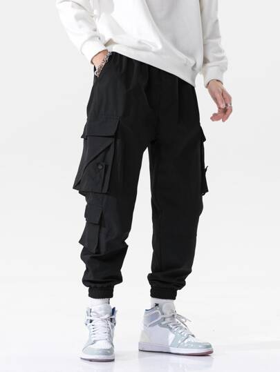 Manfinity Men's Casual Solid Color Cargo Pants With Flap Pockets