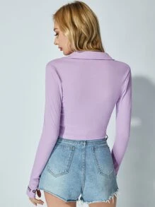 SHEIN Essnce Embroidery Letter Thumb Hole Zipper Placket Tee - Lilac Purple - View 2