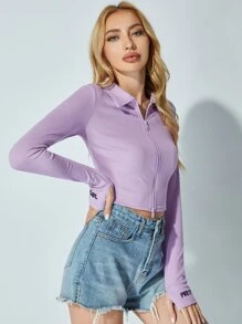 SHEIN Essnce Embroidery Letter Thumb Hole Zipper Placket Tee - Lilac Purple - View 3
