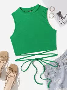 Muchica Crisscross Tie Back Crop Tank Top - Green - View 1