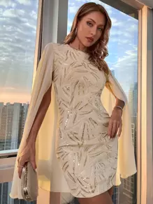 SHEIN Belle Cloak Sleeve Embroidered Sequin Bodycon Dress - Apricot - View 1
