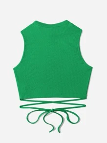 Muchica Crisscross Tie Back Crop Tank Top - Green - View 2