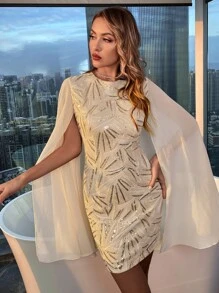 SHEIN Belle Cloak Sleeve Embroidered Sequin Bodycon Dress - Apricot - View 3