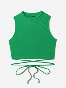 Muchica Crisscross Tie Back Crop Tank Top - Green - View 5