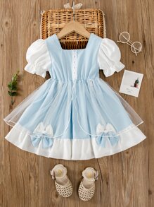 SHEIN 小女童泡泡袖方領前蝴蝶結網紗拼接連衣裙 - 藍白色 - 查看 1