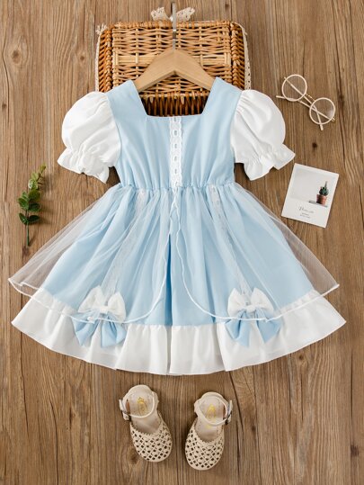 SHEIN 小女童泡泡袖方領前蝴蝶結網紗拼接連衣裙