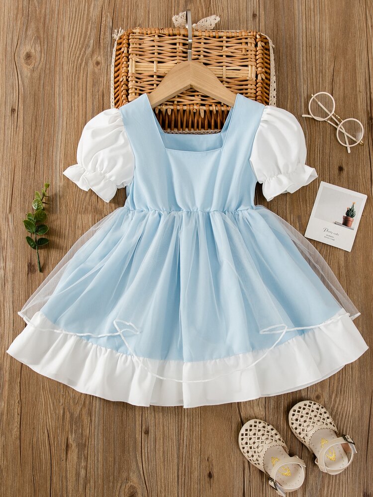 SHEIN 小女童泡泡袖方領前蝴蝶結網紗拼接連衣裙 - 藍白色 - 查看 2